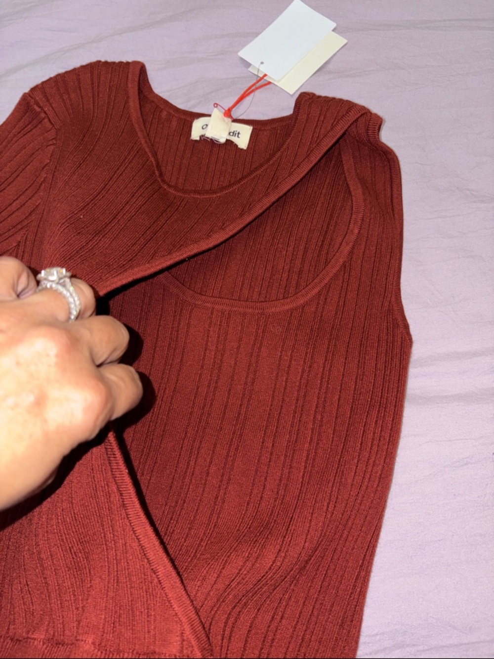 Open Edit Women's Off-the-Shoulder Ribbed Sweater in Rust - Picture 3 of 6